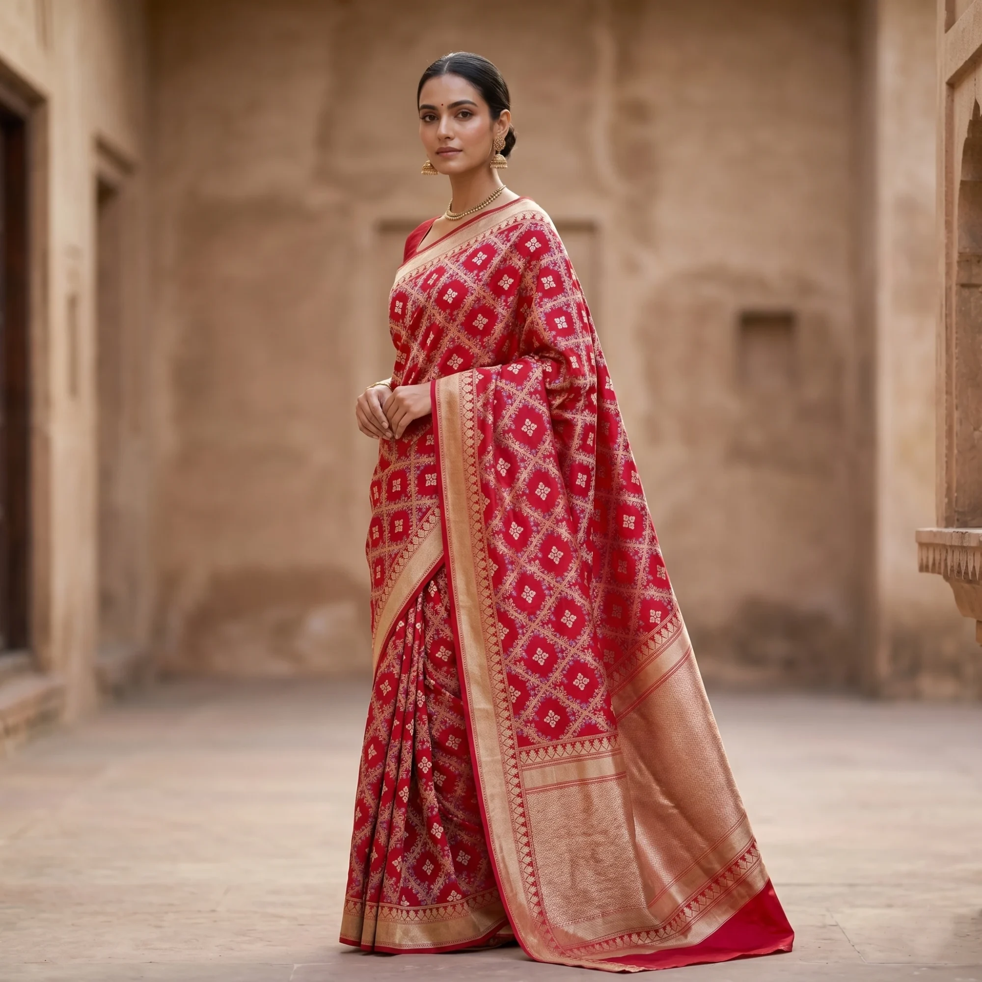 Banarasi Pure Katan Silk, Red Kadua Jaal Handloom Saree