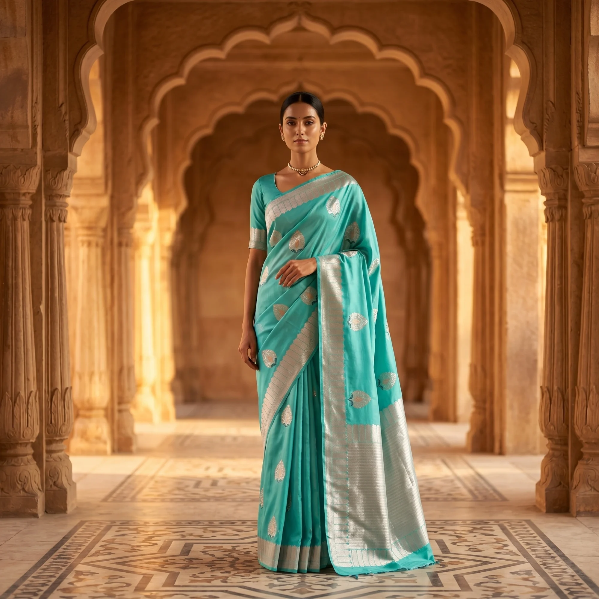 Banarasi Pure Katan Silk, Aqua Blue Kadua Tilfi Boota Handloom Saree
