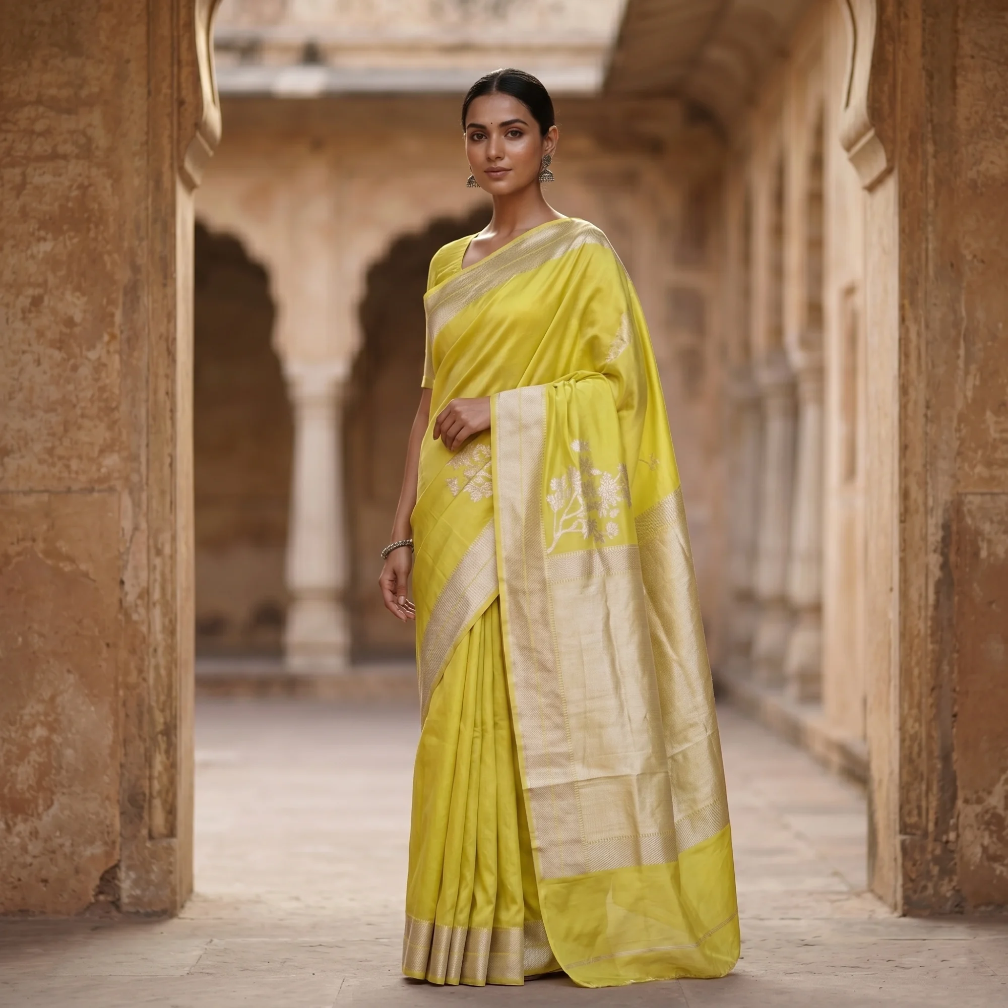 Banarasi Pure Katan Silk, Elegant Yellow Kadua Alfi Boota Handloom Saree