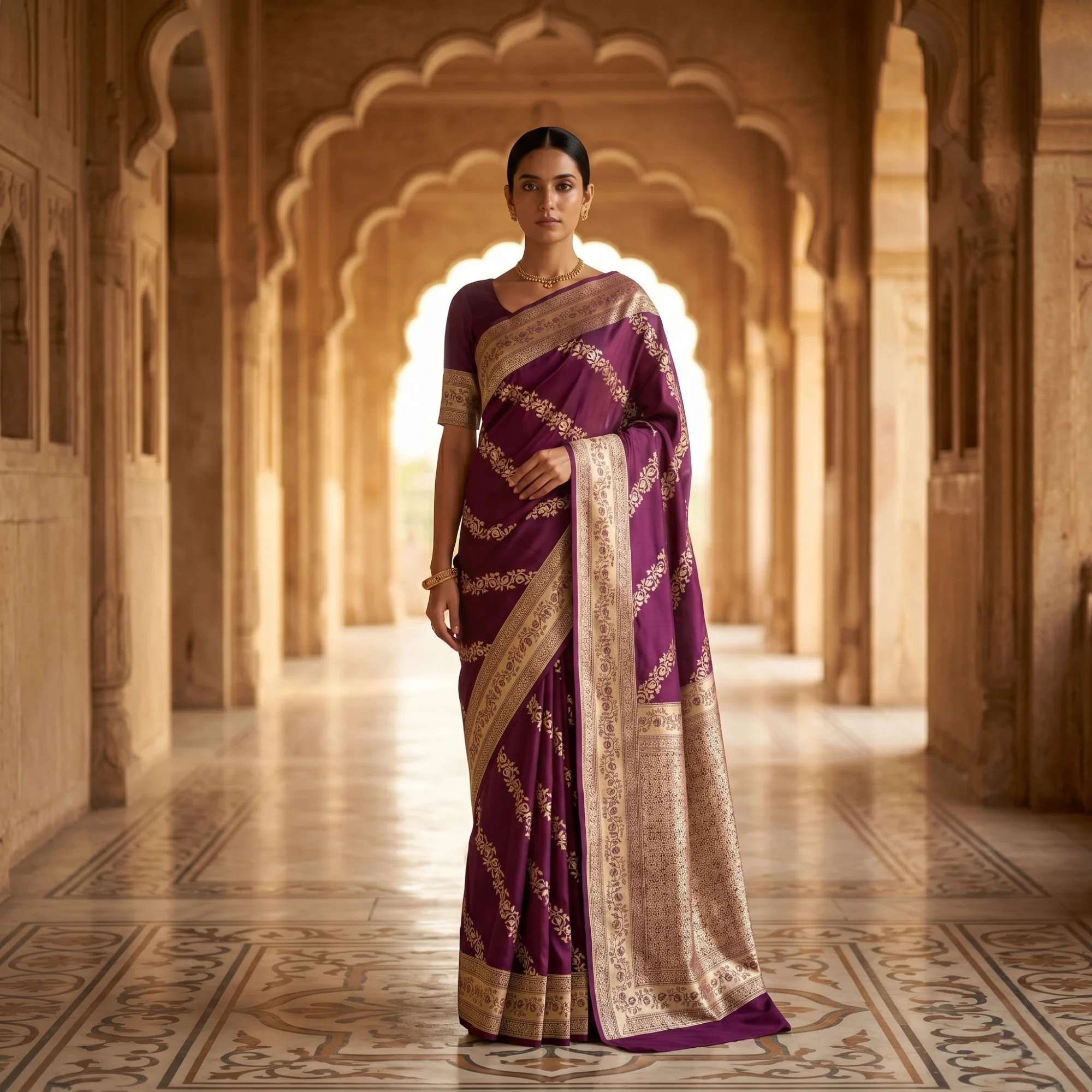 Banarasi Pure Katan Silk, Deep Purple Kadua Aadha Jaal Handloom Saree