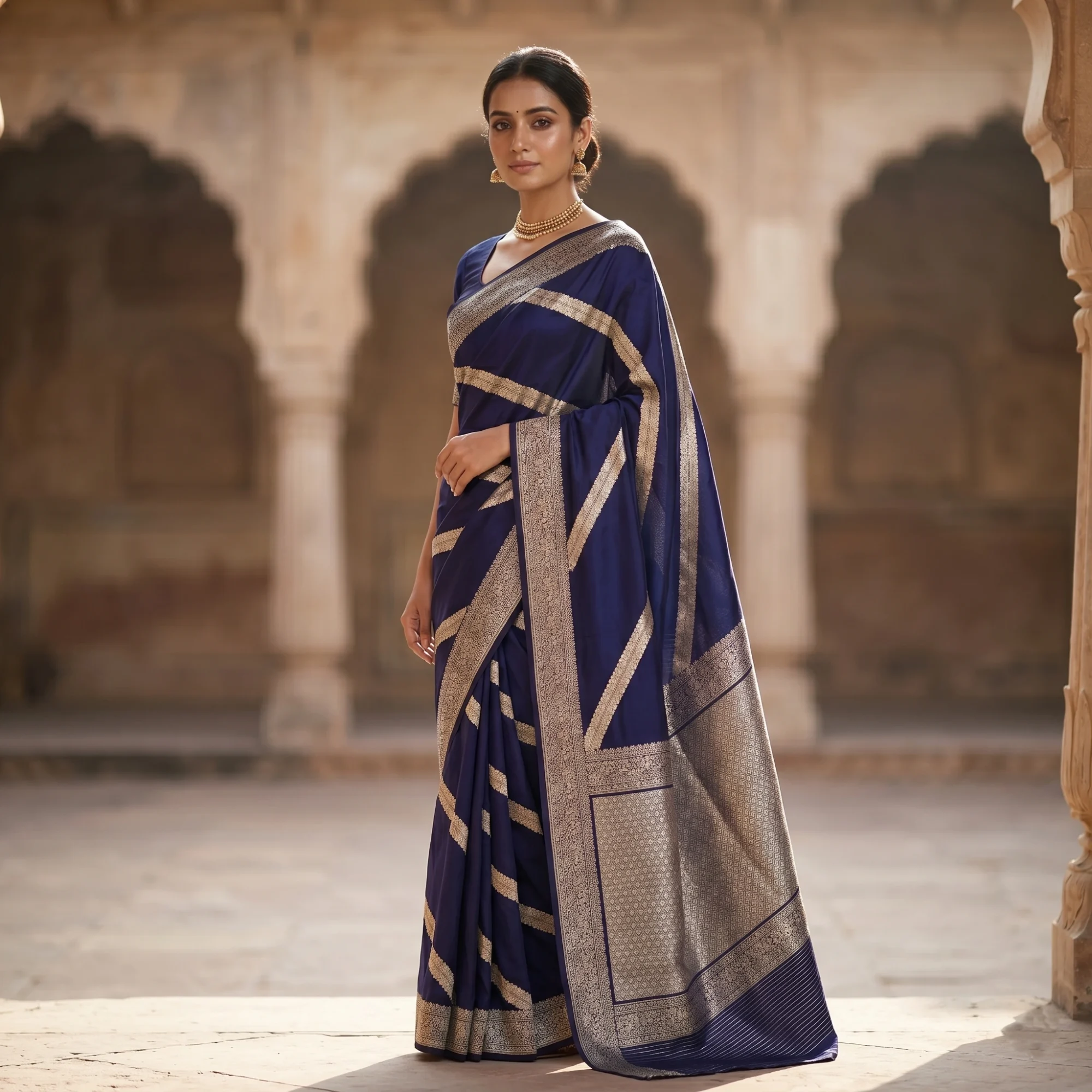Banarasi Pure Katan Silk, Indigo Purple Kadua Alfi Aadha Jaal Handloom Saree