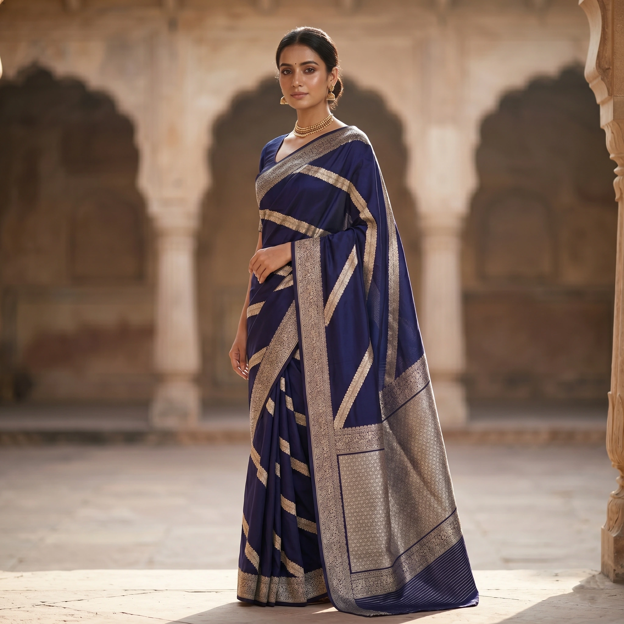 Banarasi Pure Katan Silk, Indigo Purple Kadua Alfi Aadha Jaal Handloom Saree