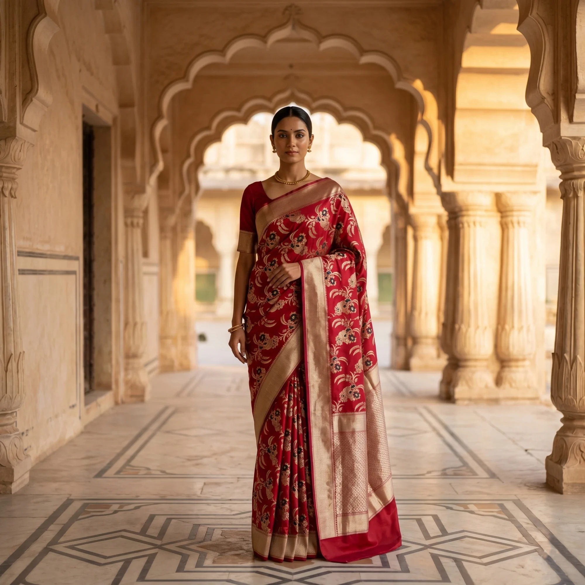 Banarasi Pure Katan Silk, Red Kadua Meenakari Jaal Handloom Saree