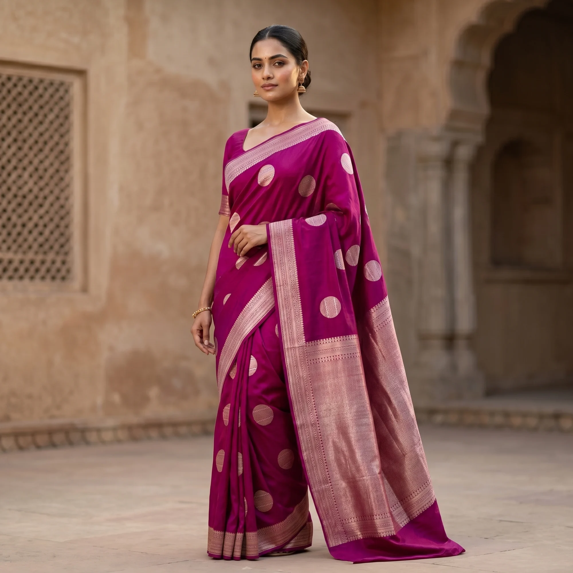 Banarasi Pure Katan Silk, Magenta Purple Kadua Meenakari Boota Handloom Saree