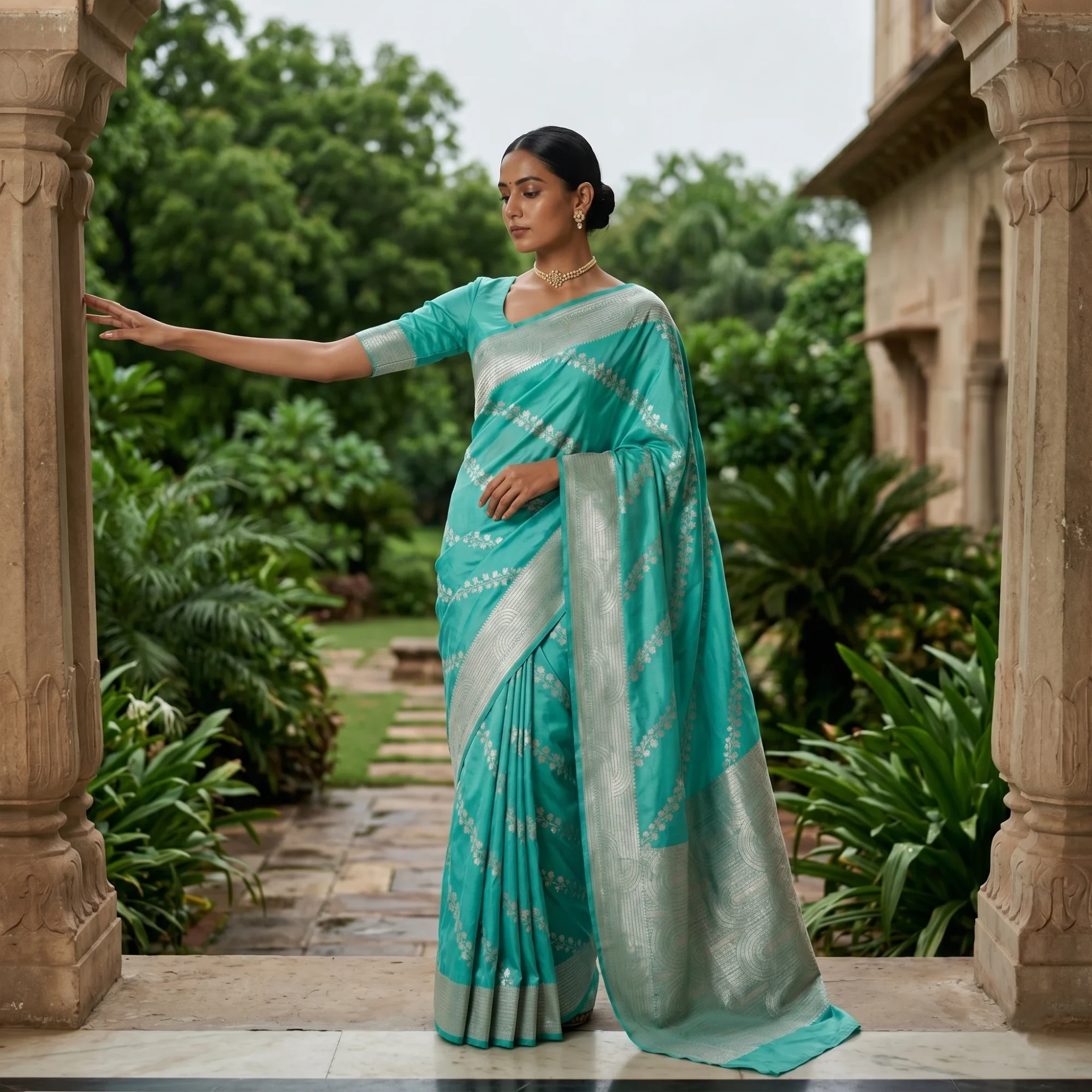 Banarasi Pure Katan Silk, Sky Blue Kadua Aadha Jaal Handloom Saree