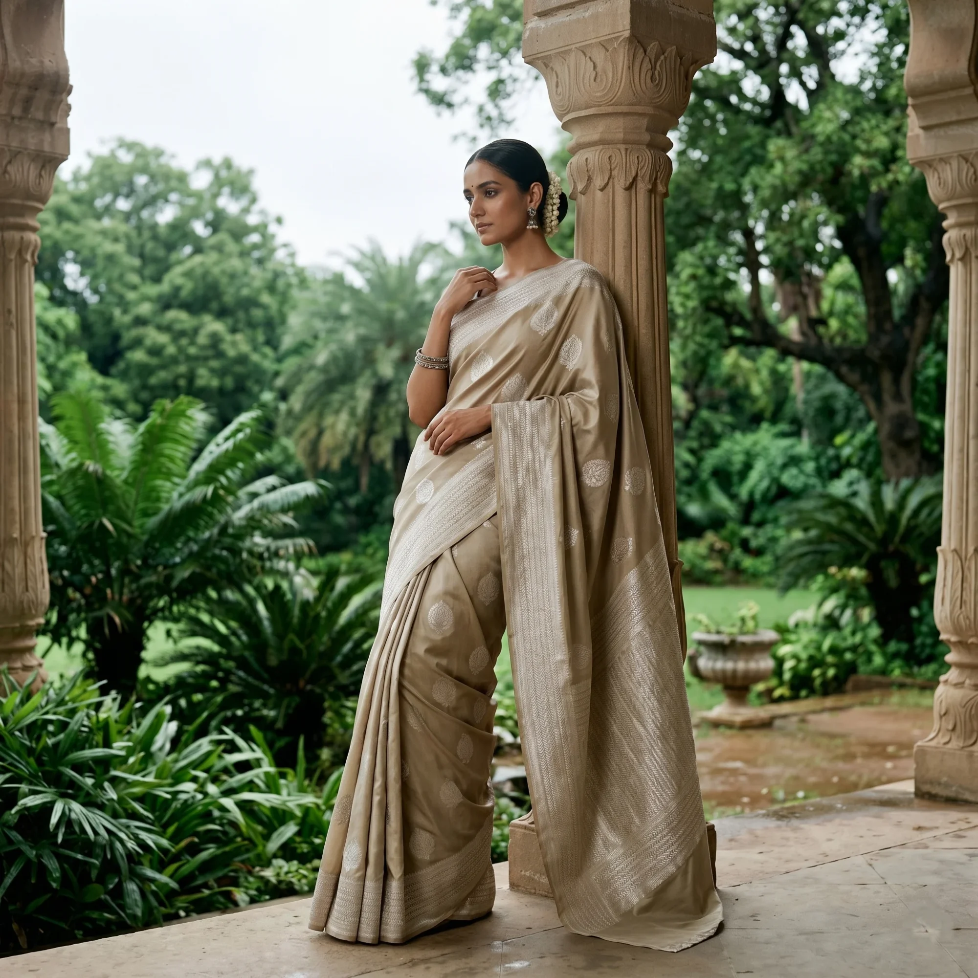 Banarasi Pure Katan Silk, Earthy Beige Kadua Meenakari Boota Handloom Saree