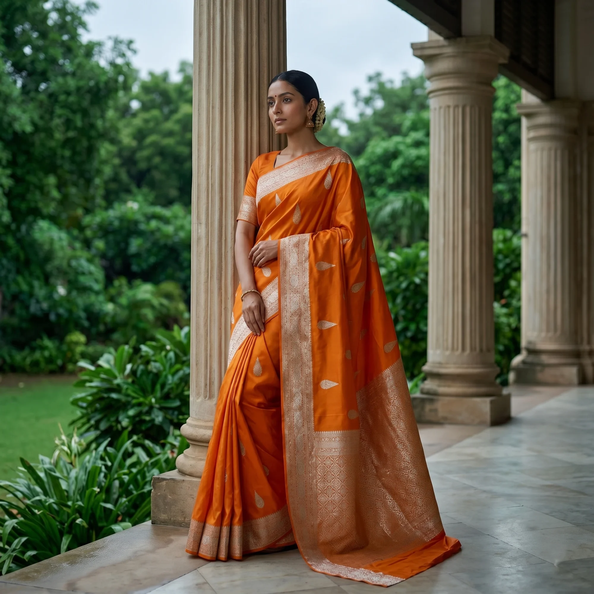 Banarasi Pure Katan Silk, Orange Kadua Meenakari Booti Handloom Saree