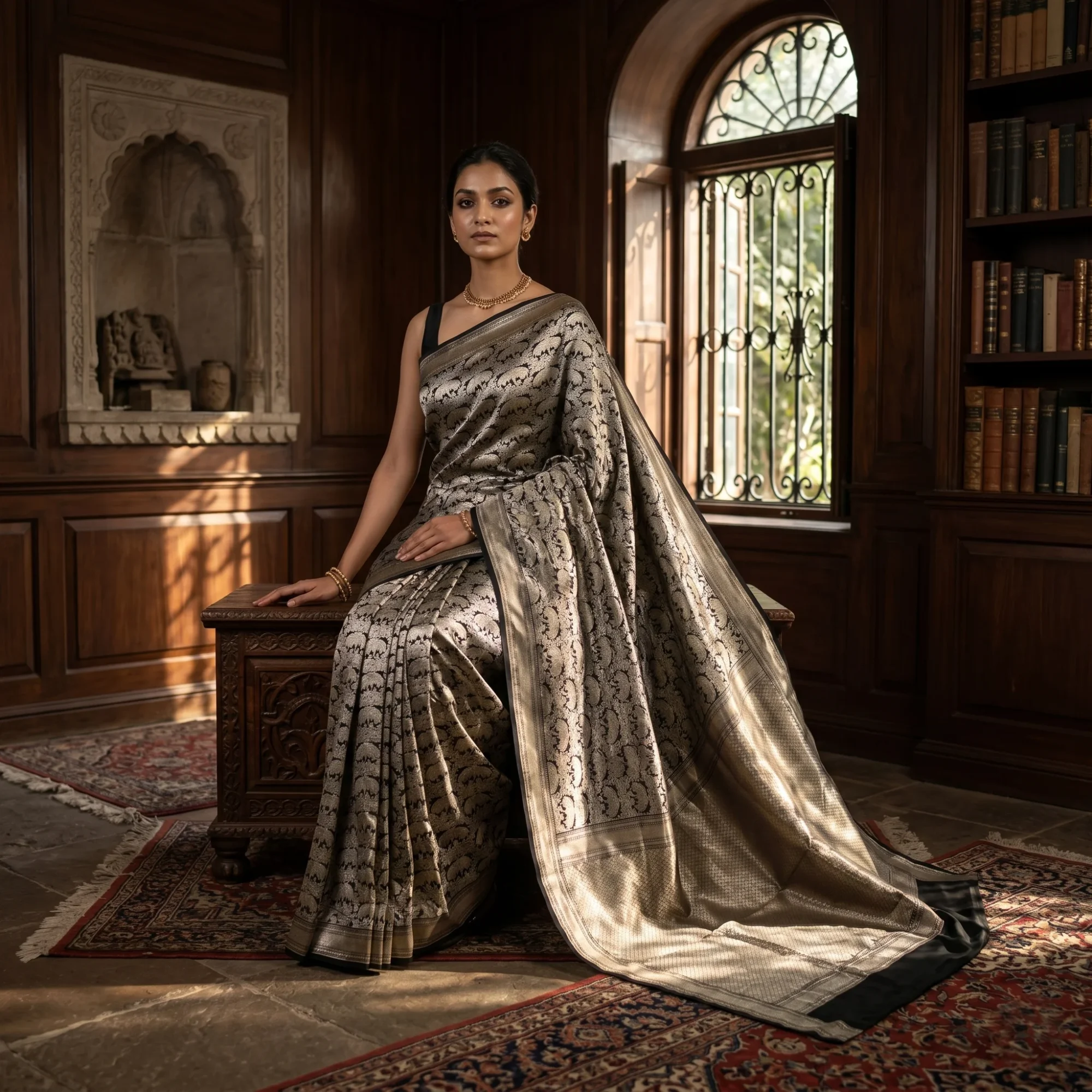 Banarasi Pure Katan Silk, Black Gold Kadua Alfi Brocade Handloom Saree