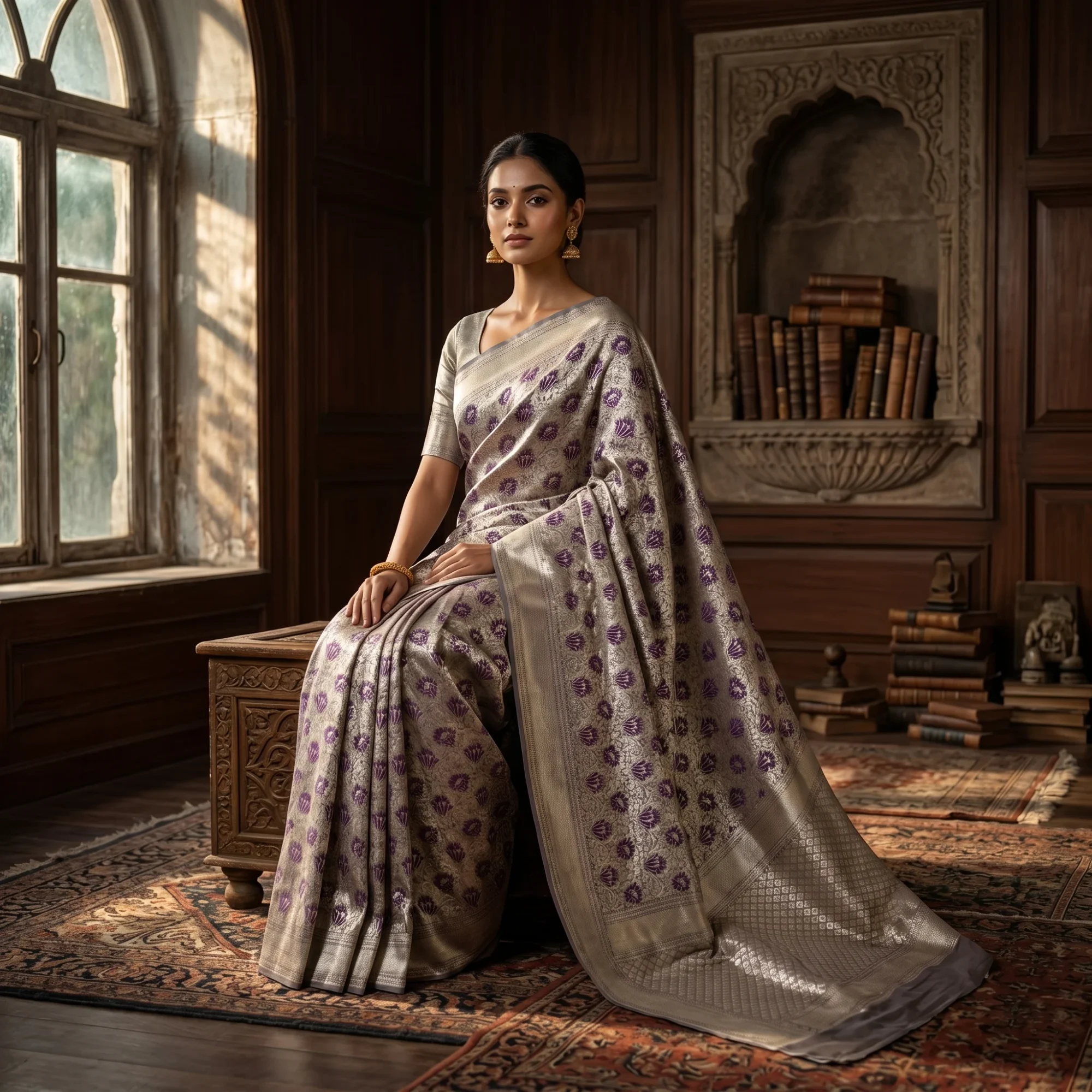 Banarasi Pure Katan Silk, Slate Grey Kadua Meenakari Brocade Handloom Saree
