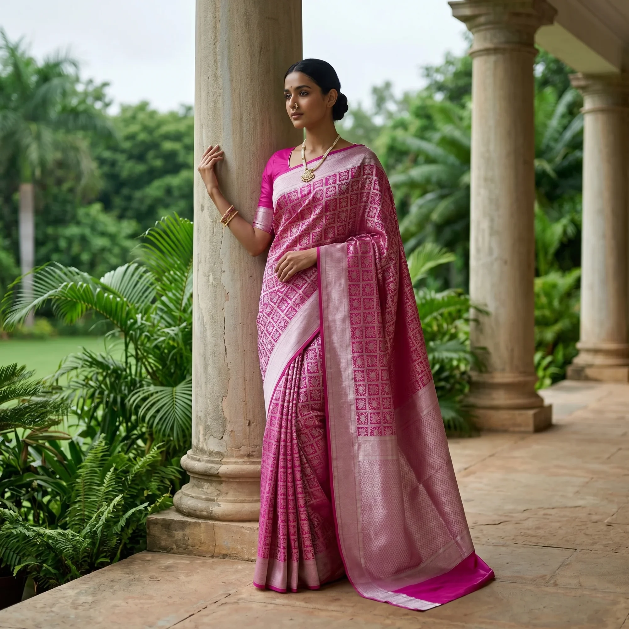 Banarasi Pure Katan Silk, Deep Pink Kadua Brocade Handloom Saree