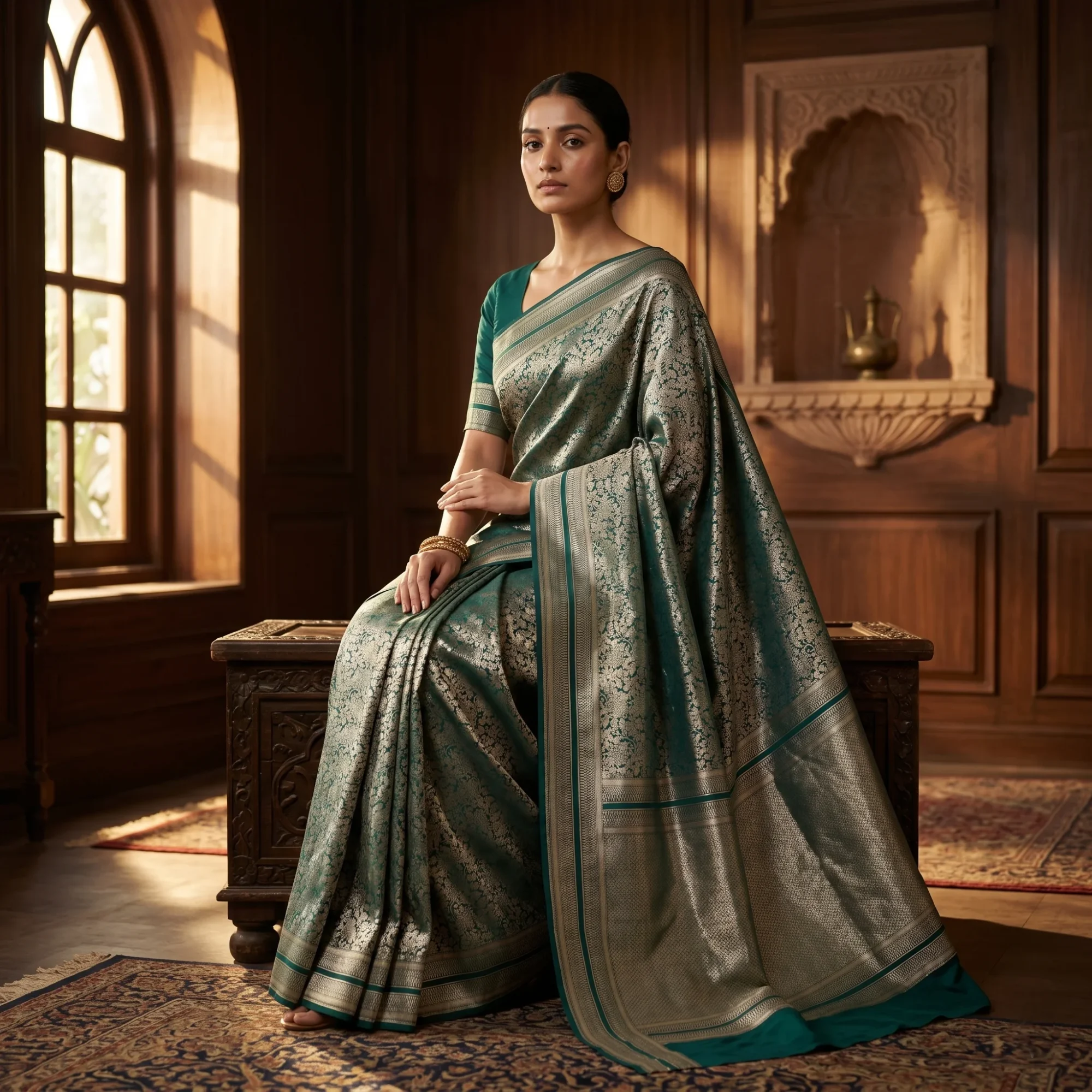 Banarasi Pure Katan Silk, Green Gold Kadua Brocade Handloom Saree