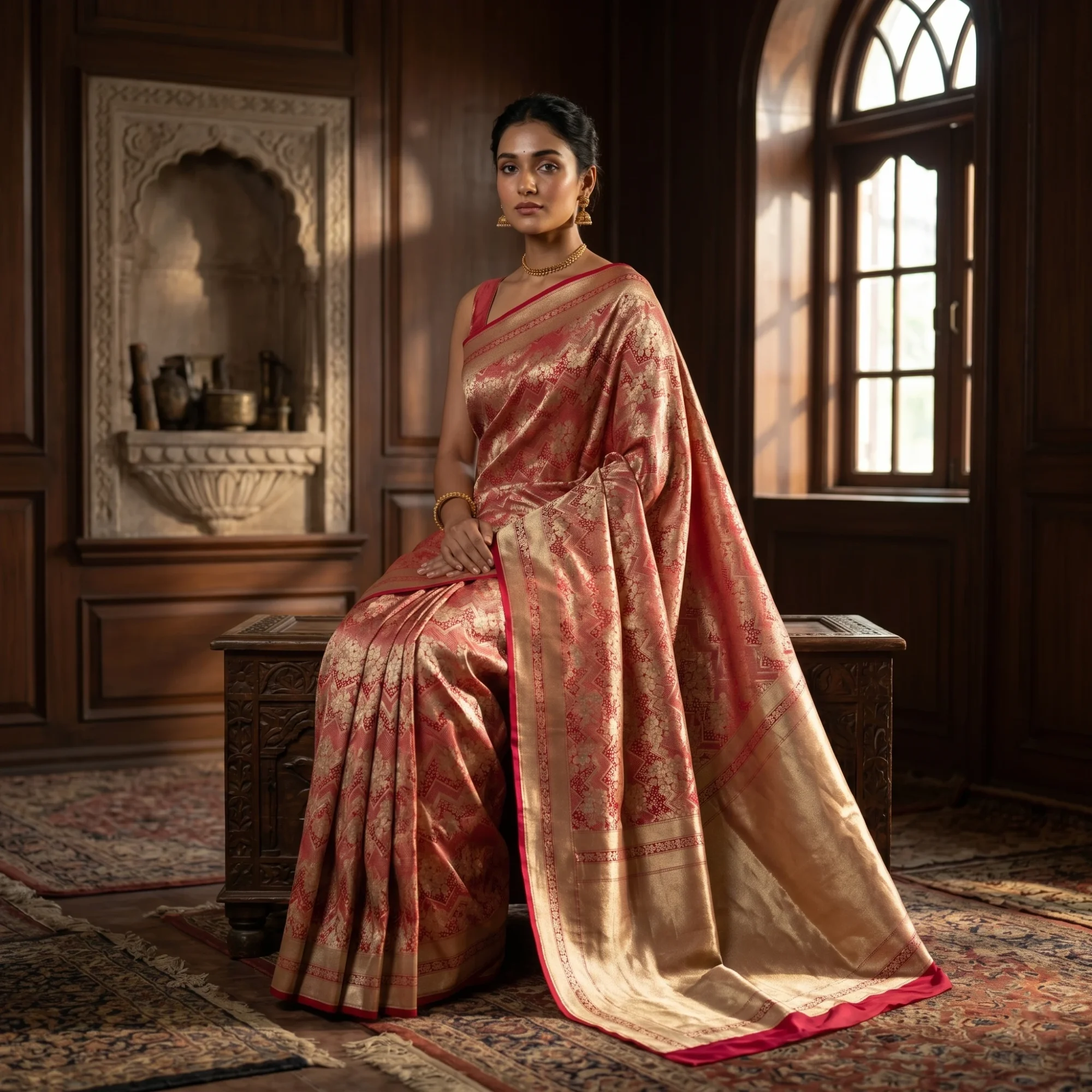 Banarasi Pure Katan Silk, Red Gold Kadua Meenakari Brocade Handloom Saree