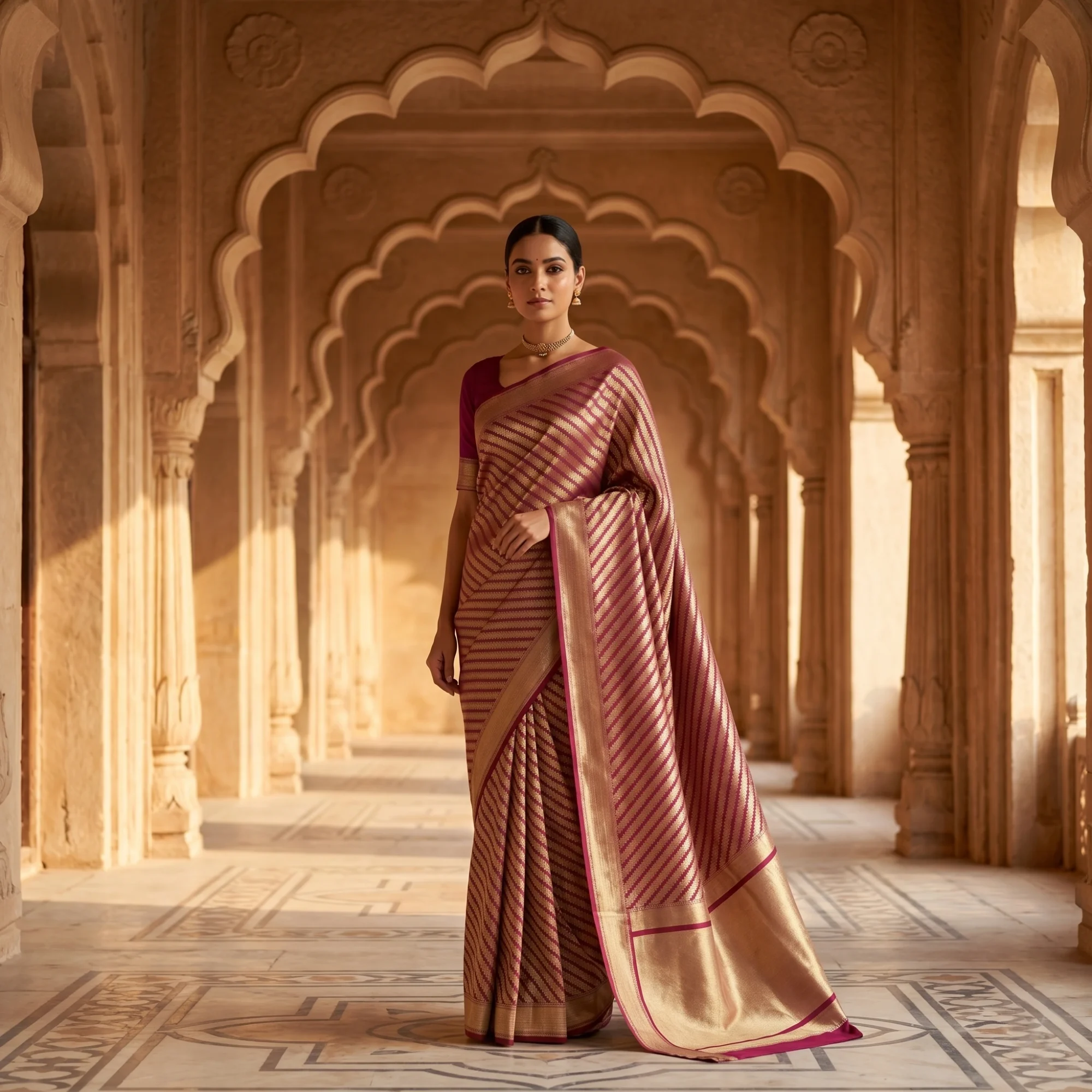 Banarasi Pure Katan Silk, Magenta Gold Kadua Brocade Handloom Saree