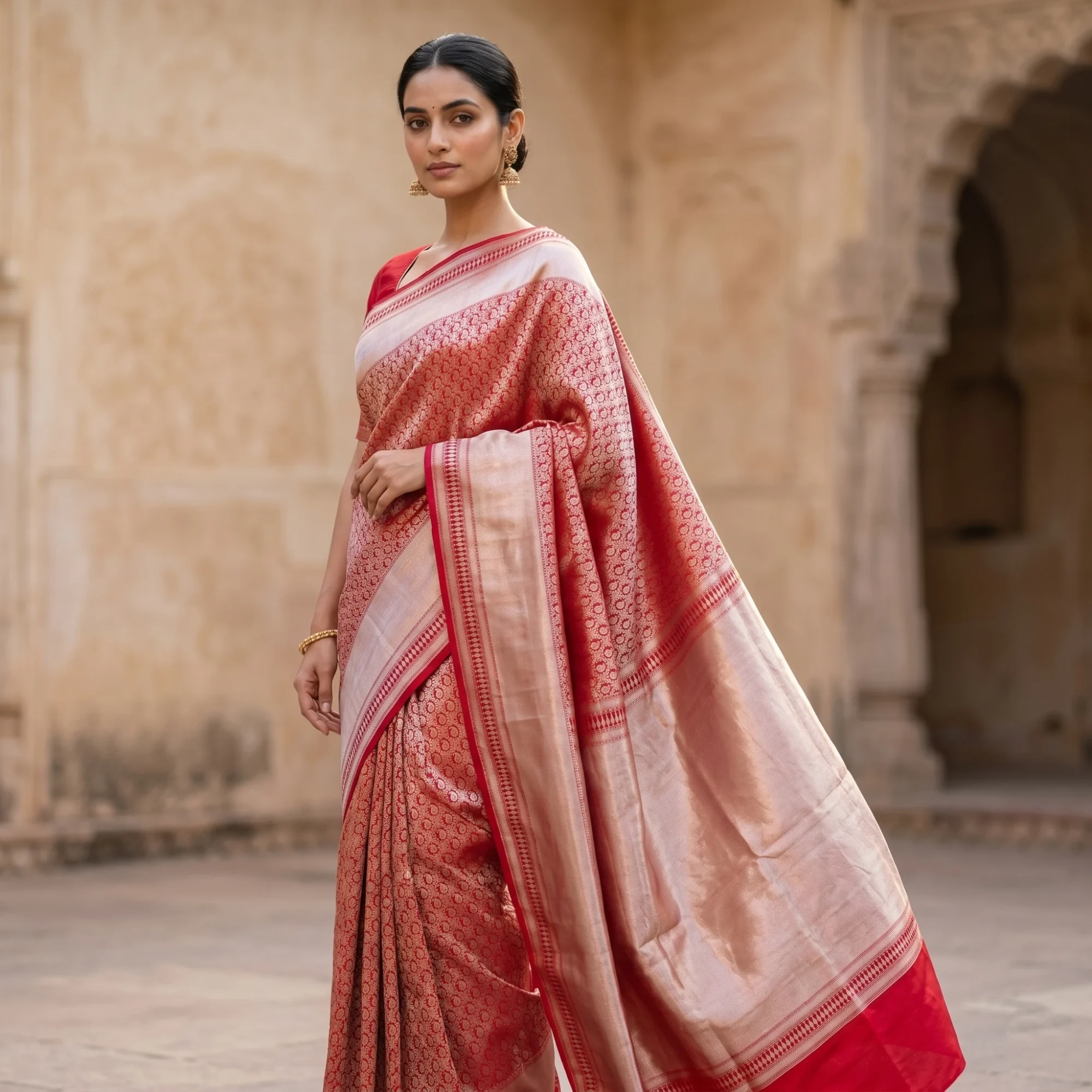Banarasi Pure Katan Silk, Red Gold Kadua Brocade Handloom Saree