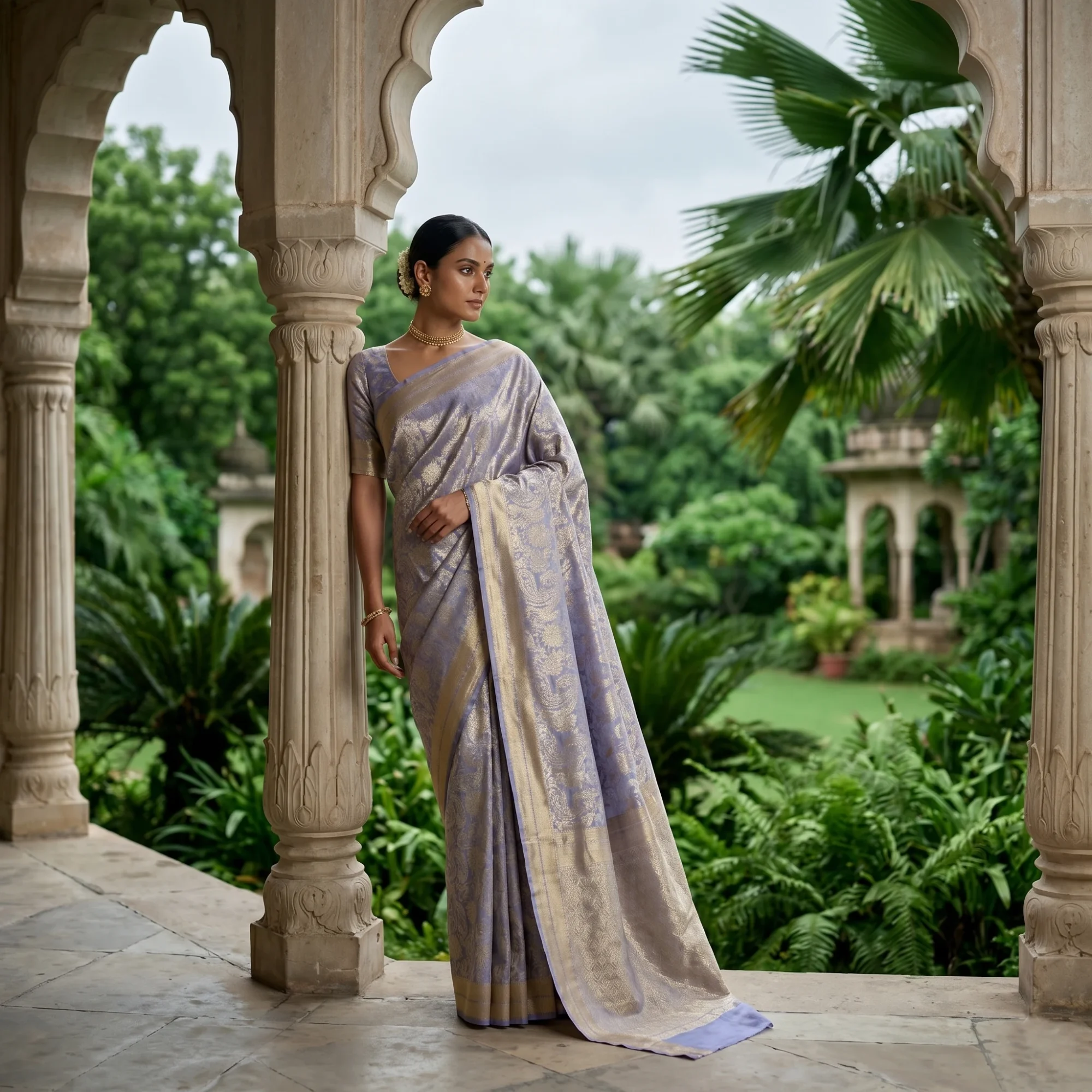 Banarasi Pure Katan Silk, Greyish Blue Kadua Meenakari Brocade Handloom Saree