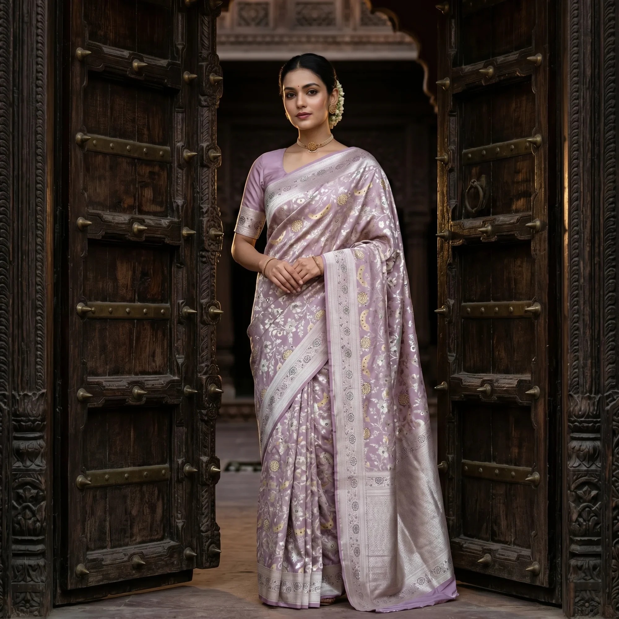 Banarasi Pure Katan Silk, Lavender Kadua Tilfi Jaal Handloom Saree
