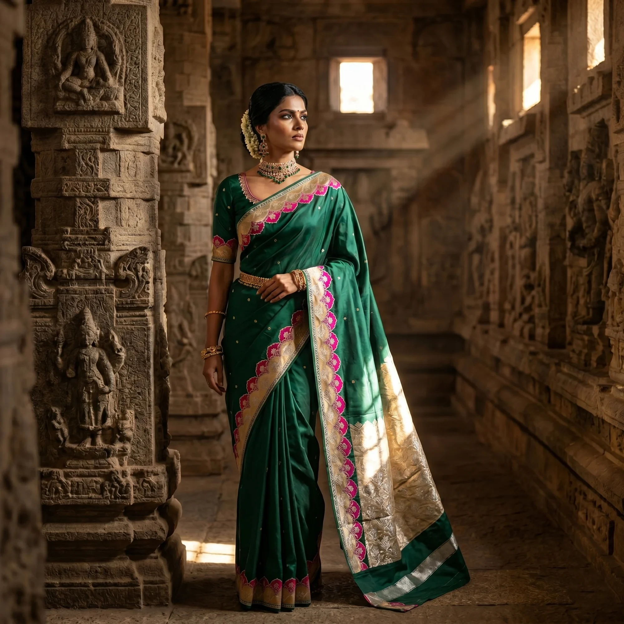 Banarasi Pure Katan Silk, Green Kadua Booti Handloom Saree