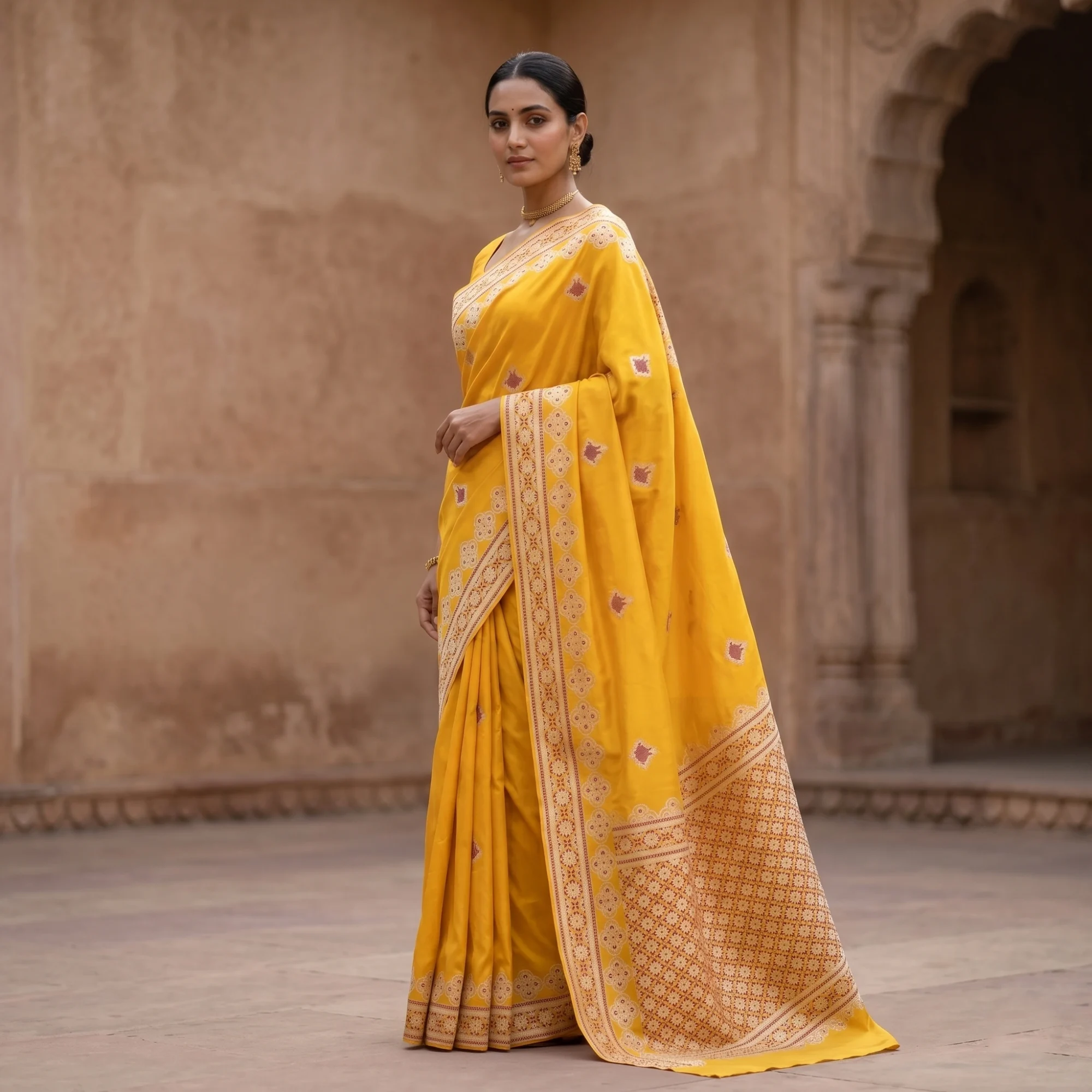 Banarasi Pure Katan Silk, Yellow Kadua Alfi Boota Handloom Saree